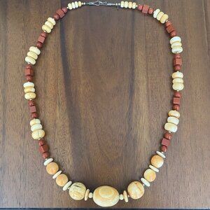 💜 Vintage MJ Bone & Horn Necklace Red Jasper Square & Round Beads 27"